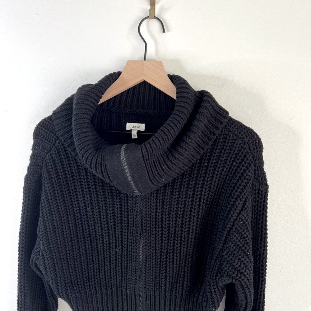 NWT Aerie Black Cowl Neck Cropped Sweater Jacket with Ribbed Knit size Small